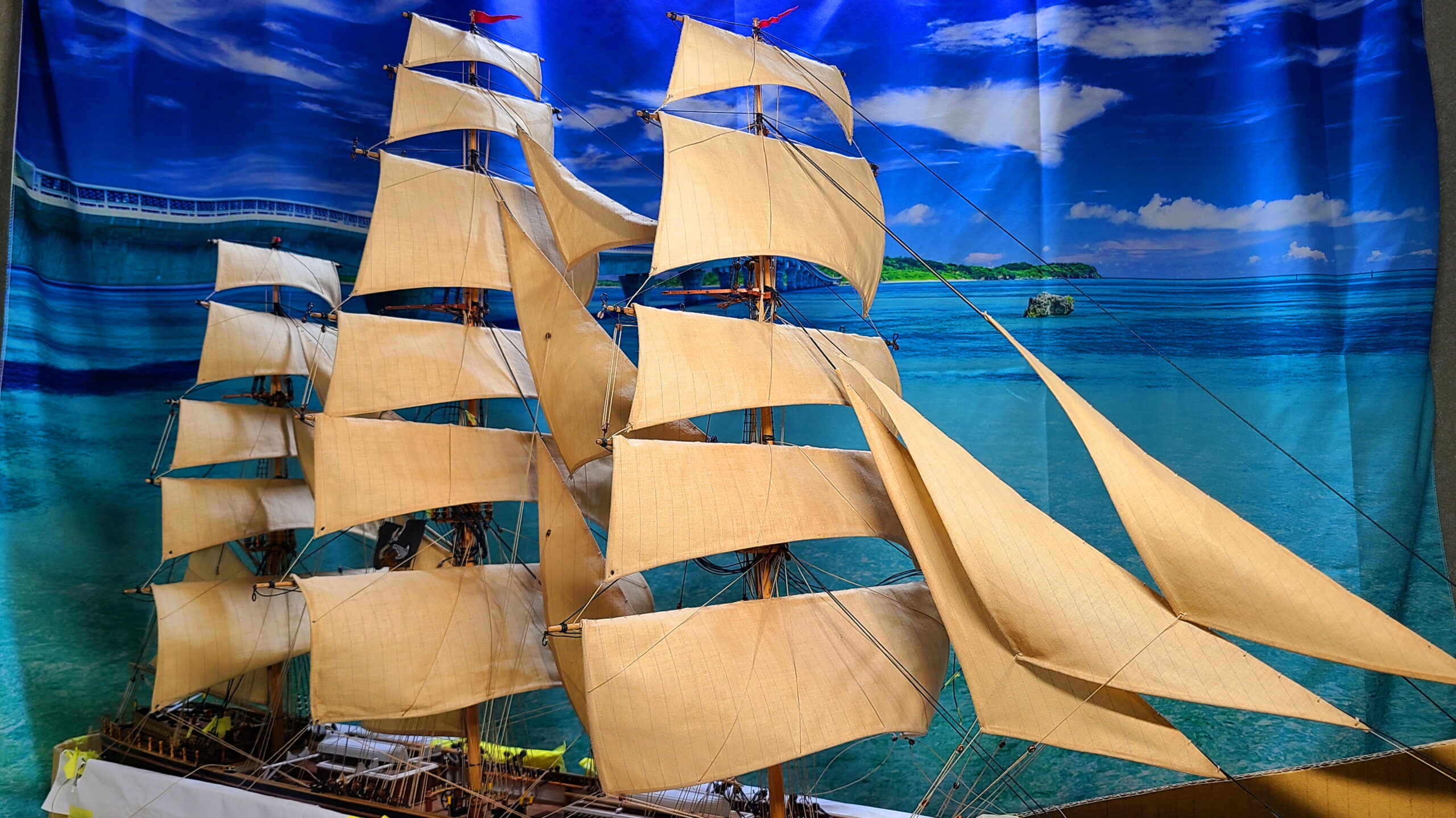 帆船模型 カティサーク フォア・メイン・ミズン ロープ張り完成