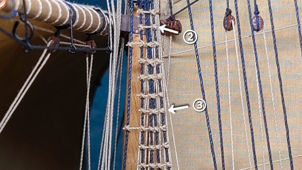 帆船模型 カティサーク 左舷 メインマスト 工夫してラットライン編込み