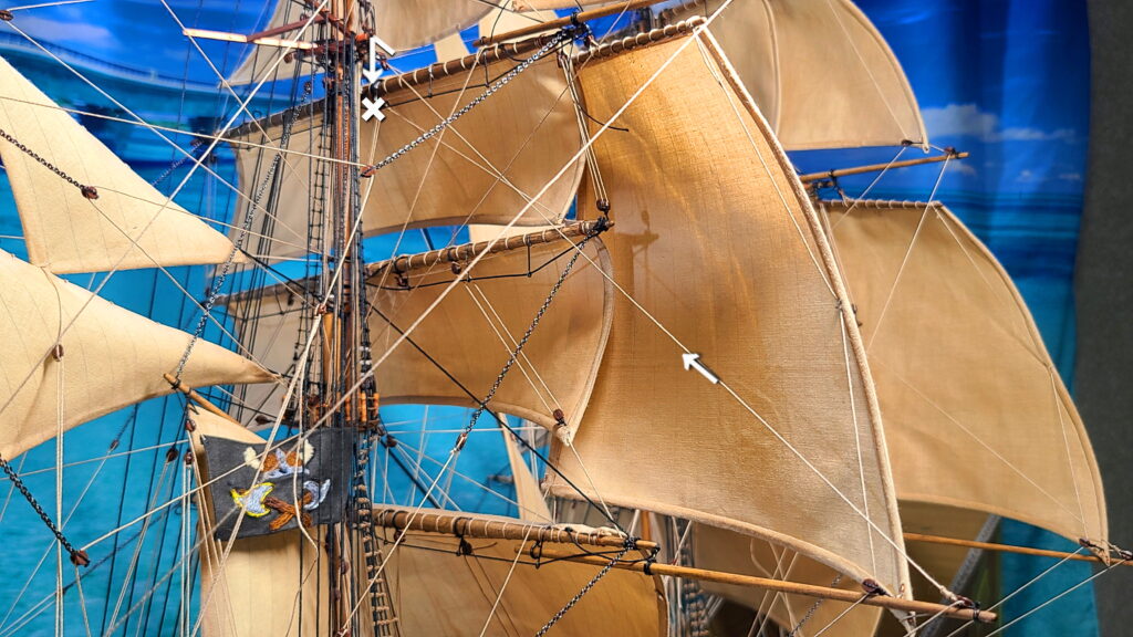 帆船模型 カティサーク スタンスル リフトロープ マストに通さずブロックに結ぶ