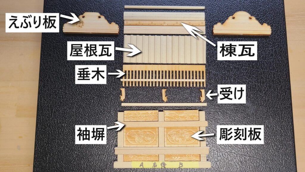 木製 模型 陽明門　袖塀部品 各部名称