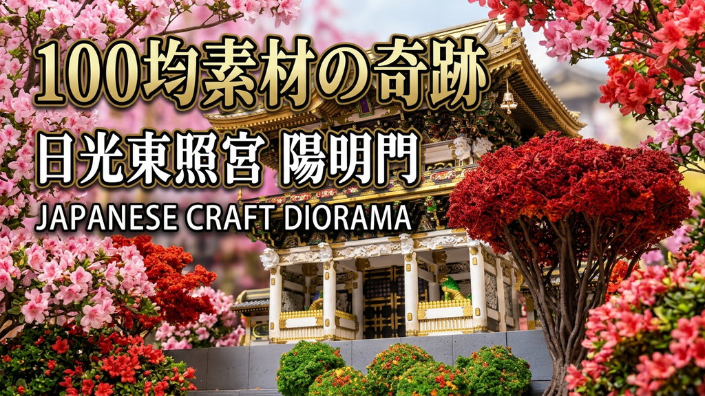 ウッディジョー1/50日光東照宮陽明門木製模型完成品:100円ショップのビニタイとティッシュで製作した極彩色の満開のさつきジオラマが映えるYouTube通常公開本編のサムネイル画像